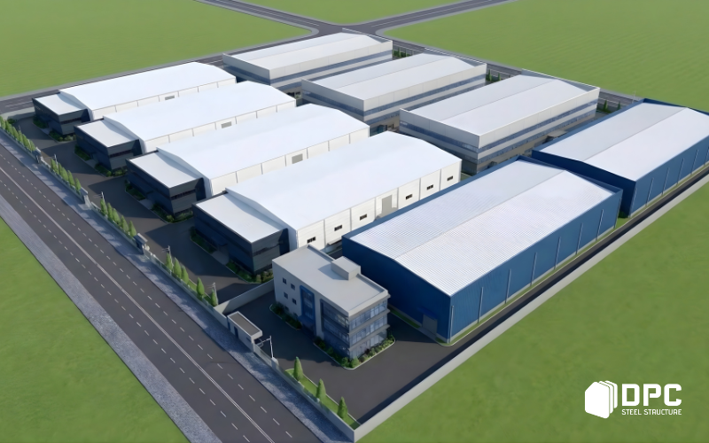 Phối cảnh 3D mẫu tổ hợp nhà xưởng kết cấu thép tiền chế do DPC Steel triển khai