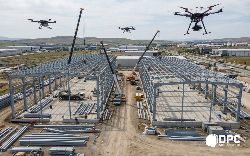 Drone khảo sát toàn cảnh công trường lắp dựng