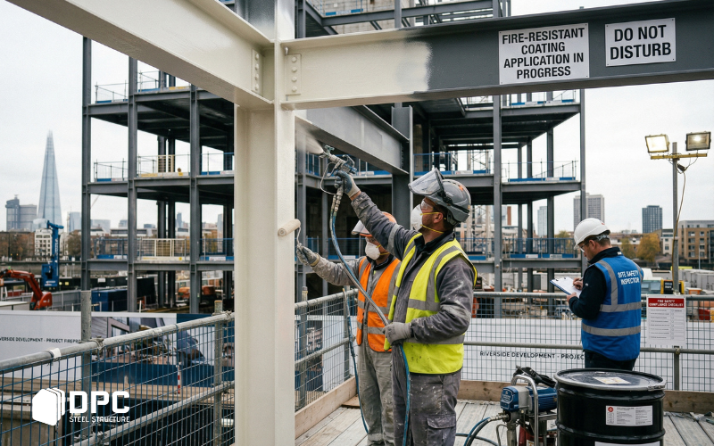 Công nhân đang thực hiện quy trình sơn chống cháy